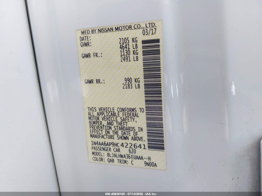 2017 Nissan Maxima VIN 1N4AA6AP9HC422641 IAAI salvage auction — WATER/FLOOD, Original (Texas), sold $4,550 on 2026-07-23 (photo 9)