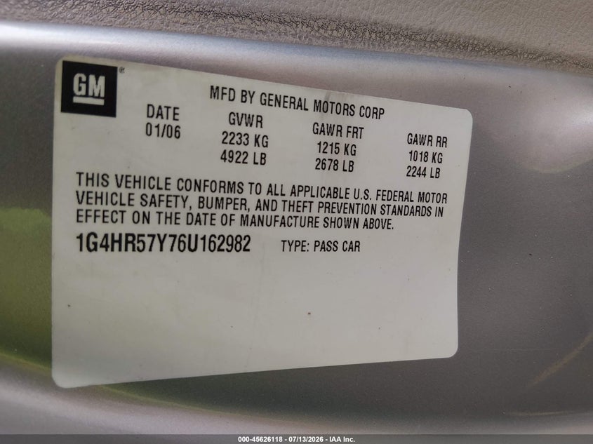 2006 Buick Lucerne VIN 1G4HR57Y76U162982 IAAI salvage auction — REAR END, Clear (Florida), sold $2,700 on 2026-08-23 (photo 9)