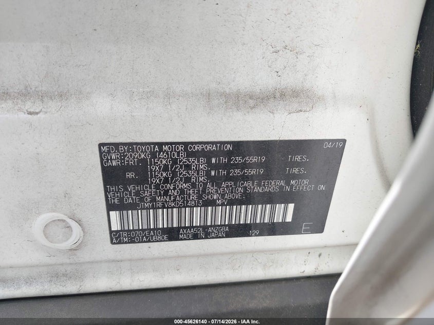 2019 Toyota Rav 4 VIN JTMY1RFV8KD514813 IAAI salvage auction — FRONT END, Salvage Title, sold $8,500 on 2026-08-02 (photo 9)