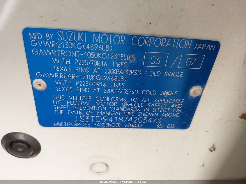 2007 Suzuki Grand vitara VIN JS3TD941874203473 IAAI salvage auction — NORMAL WEAR, Clear (Pennsylvania), sold $575 on 2026-07-21 (photo 9)