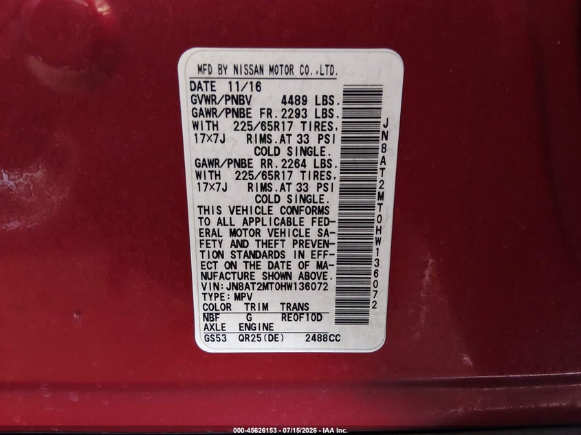 2017 Nissan Rogue VIN JN8AT2MT0HW136072 IAAI salvage auction — SIDE, Salvage Title, sold $1,150 on 2026-07-28 (photo 9)