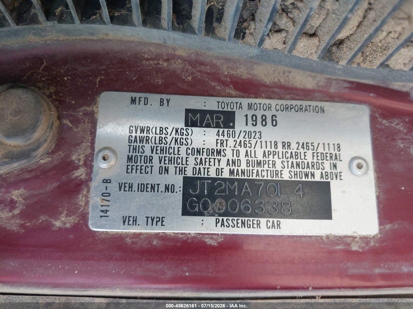1986 Toyota Supra VIN JT2MA70L4G0006338 IAAI salvage auction — NORMAL WEAR, Clear (California), sold $1,100 on 2026-07-23 (photo 9)