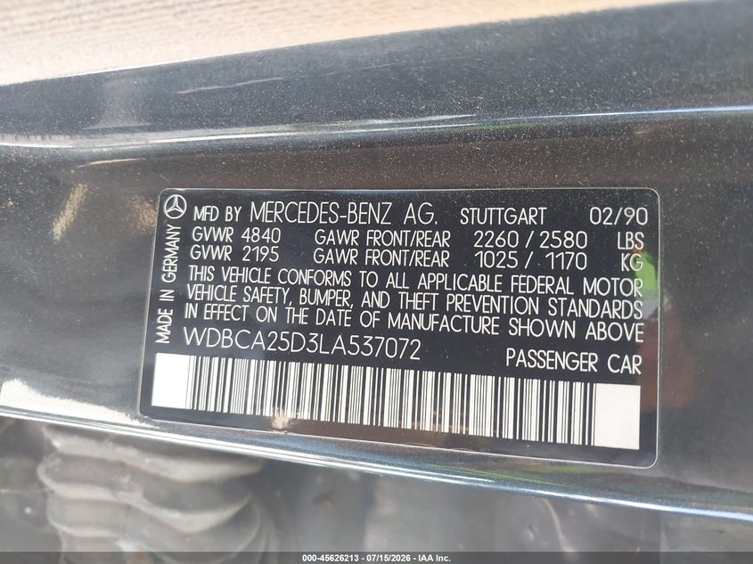 1990 Mercedes-benz 300 VIN WDBCA25D3LA537072 IAAI salvage auction — NORMAL WEAR, Clear - Dealer Only (California), sold $25 on 2026-07-22 (photo 9)