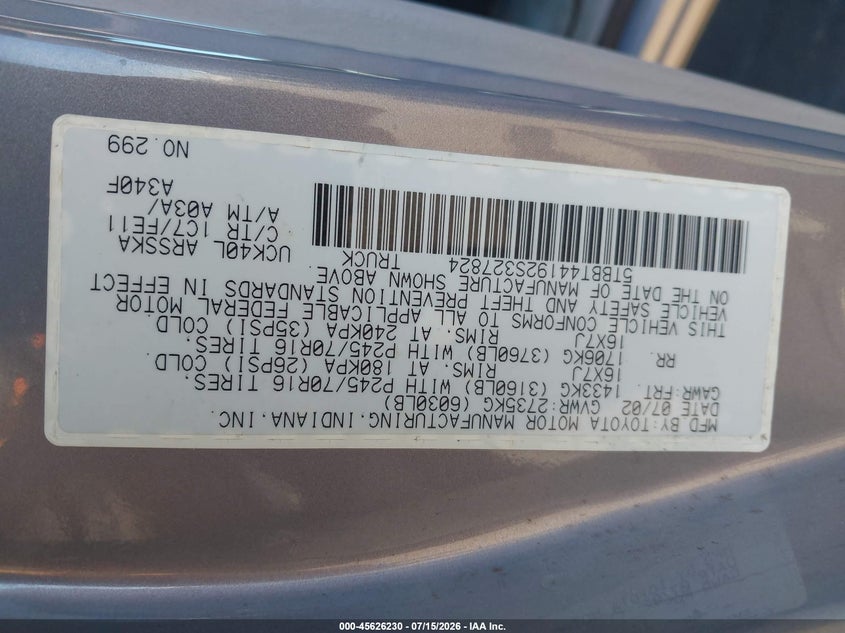 2002 Toyota Tundra VIN 5TBBT44192S327824 IAAI salvage auction — SIDE, Salvage (California), sold $2,300 on 2026-07-26 (photo 9)