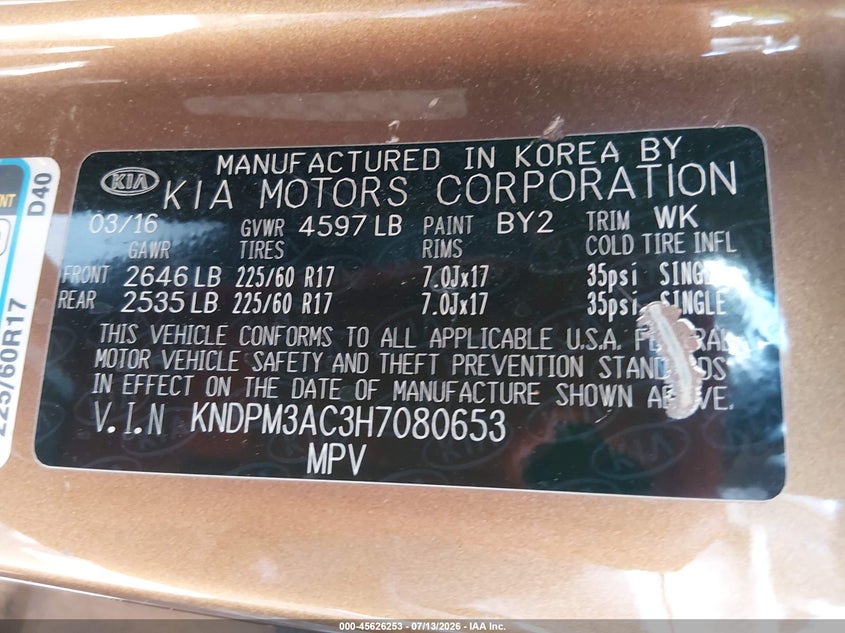 2017 Kia Sportage VIN KNDPM3AC3H7080653 IAAI salvage auction — NORMAL WEAR, Clear-Dealer Only (Arizona), sold $1,950 on 2026-07-28 (photo 9)
