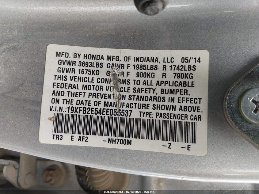 2014 Honda Civic VIN 19XFB2E54EE055537 IAAI salvage auction — NORMAL WEAR, Salvage Title, sold $1,550 on 2026-07-24 (photo 9)