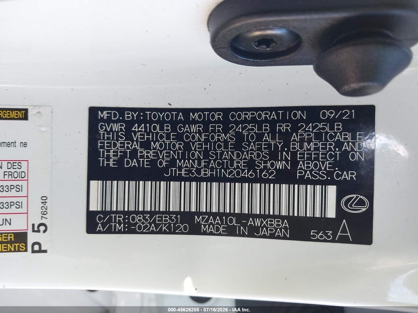 2022 Lexus Ux VIN JTHE3JBH1N2046162 IAAI salvage auction — LEFT FRONT, Salvage (Idaho), sold $9,100 on 2026-07-31 (photo 9)