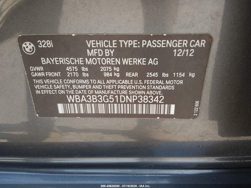 2013 BMW 3er VIN WBA3B3G51DNP38342 IAAI salvage auction — FRONT END, Clear (Massachusetts), sold $775 on 2026-07-19 (photo 9)