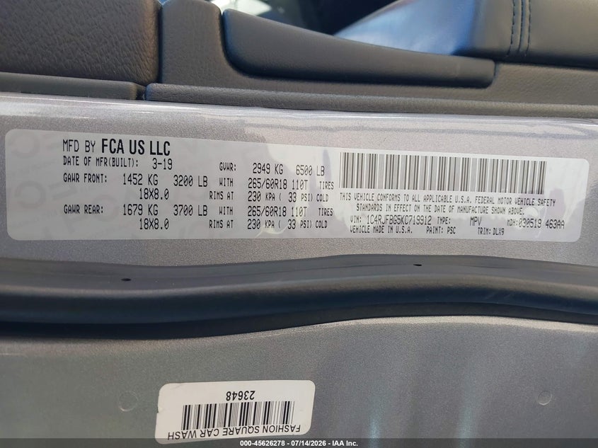 2019 Jeep Grand cherokee VIN 1C4RJFBG5KC719912 IAAI salvage auction — REAR END, Wait Title, sold $7,700 on 2026-08-09 (photo 9)