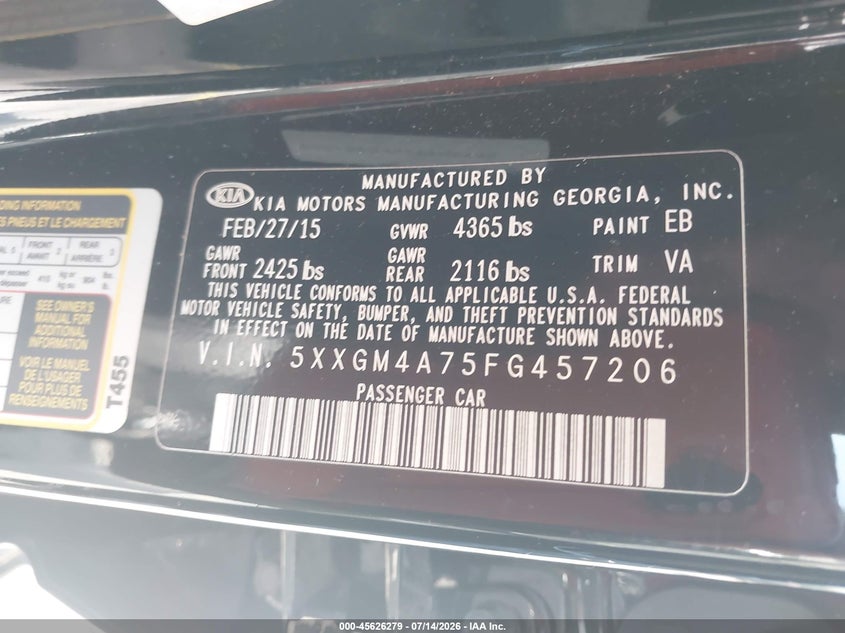 2015 Kia Optima VIN 5XXGM4A75FG457206 IAAI salvage auction — RIGHT FRONT, Salvage Title, sold $25 on 2026-07-30 (photo 9)