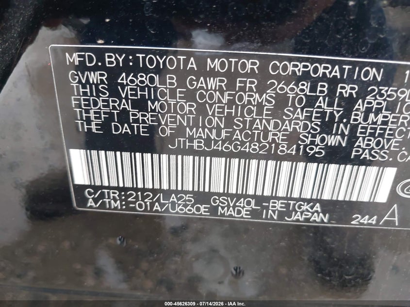 2008 Lexus Es 350 VIN JTHBJ46G482184195 IAAI salvage auction — NORMAL WEAR, Original (Texas), sold $975 on 2026-07-29 (photo 9)