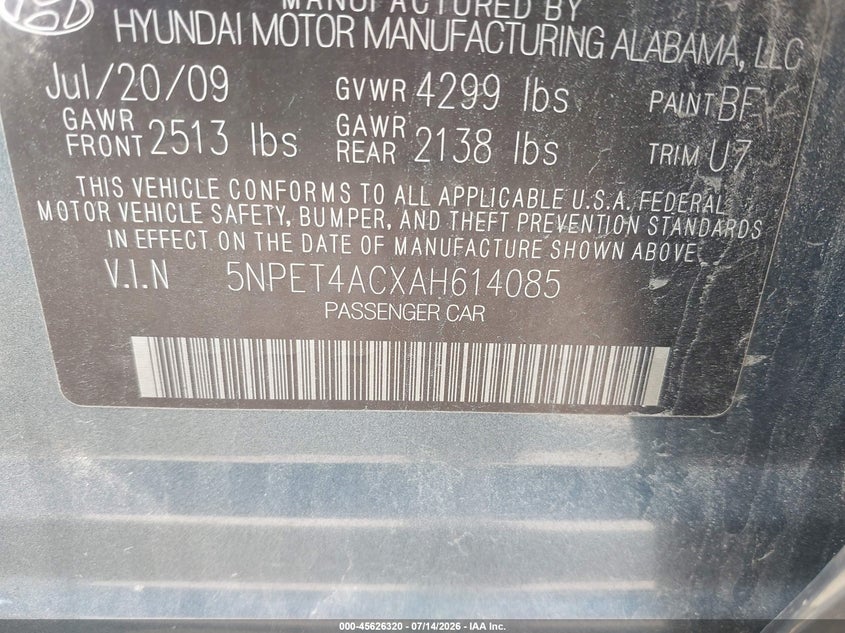 2010 Hyundai Sonata VIN 5NPET4ACXAH614085 IAAI salvage auction — FRONT END, Salvage (Ohio), sold $625 on 2026-07-31 (photo 9)