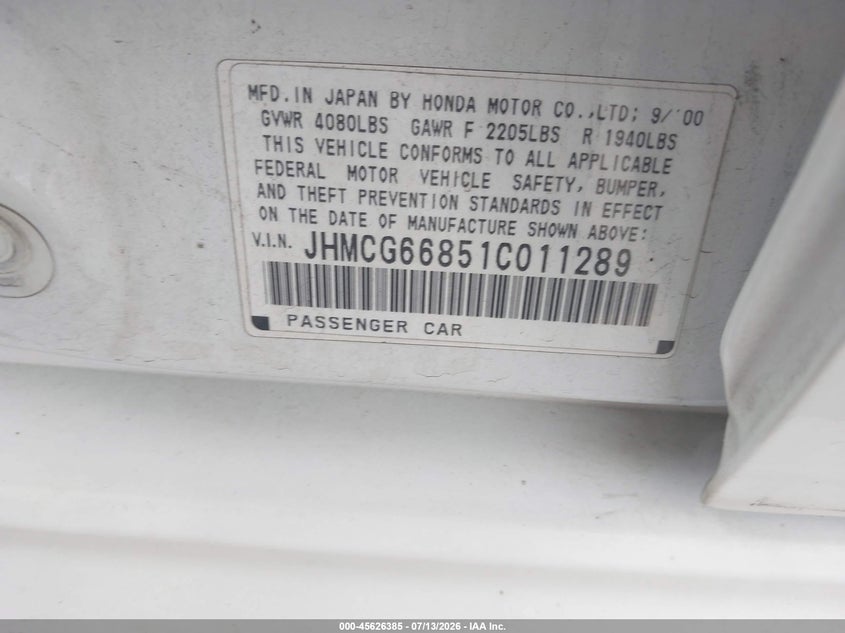 2001 Honda Accord VIN JHMCG66851C011289 IAAI salvage auction — NORMAL WEAR, Clear - Dealer Only (California), sold $450 on 2026-07-20 (photo 9)