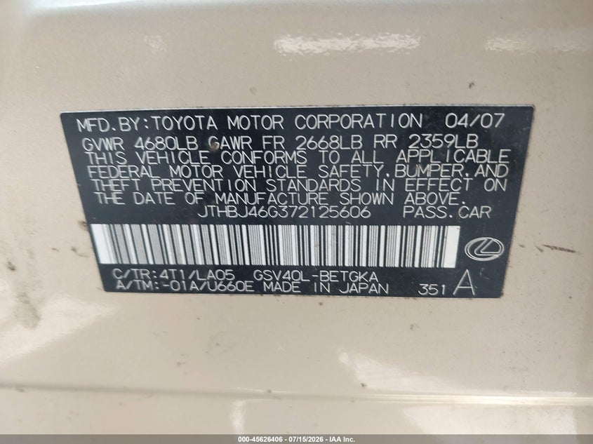 2007 Lexus Es 350 VIN JTHBJ46G372125606 IAAI salvage auction — NORMAL WEAR, Original (Texas), sold $950 on 2026-07-29 (photo 9)