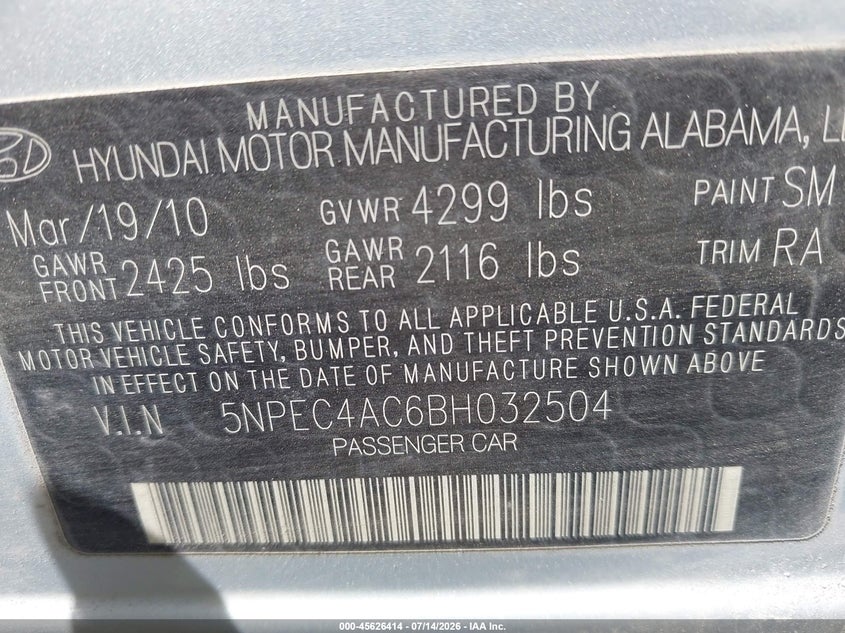 2011 Hyundai Sonata VIN 5NPEC4AC6BH032504 IAAI salvage auction — NORMAL WEAR, Clear (North Carolina), sold $25 on 2026-07-30 (photo 9)