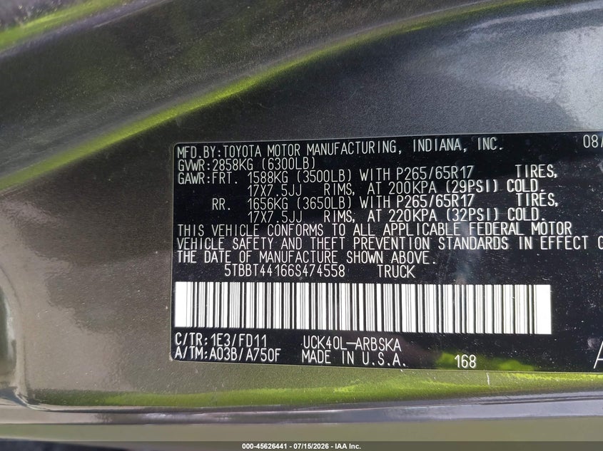2006 Toyota Tundra VIN 5TBBT44166S474558 IAAI salvage auction — RIGHT SIDE, Junk Bill Of Sale Mv2459 (Wisconsin), sold $175 on 2026-07-21 (photo 9)