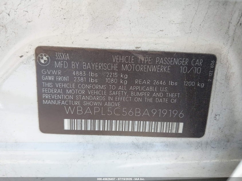 2011 BMW 3 series VIN WBAPL5C56BA919196 IAAI salvage auction — FRONT END, Salvage (Pennsylvania), sold $650 on 2026-07-29 (photo 9)