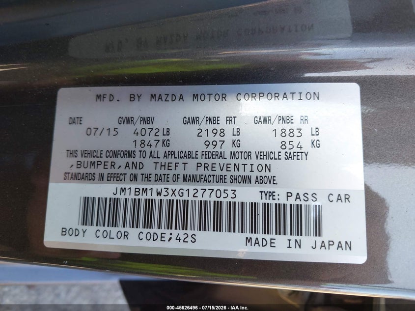 2016 Mazda 3 VIN JM1BM1W3XG1277053 IAAI salvage auction — NORMAL WEAR, Clear (Washington), sold $1,900 on 2026-07-22 (photo 9)