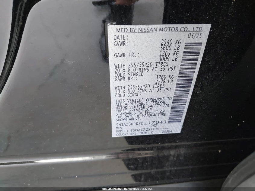 2025 Nissan Murano VIN 5N1AZ3BJ0SC117043 IAAI salvage auction — FRONT END, Salvage Title, sold $11,900 on 2026-07-24 (photo 9)