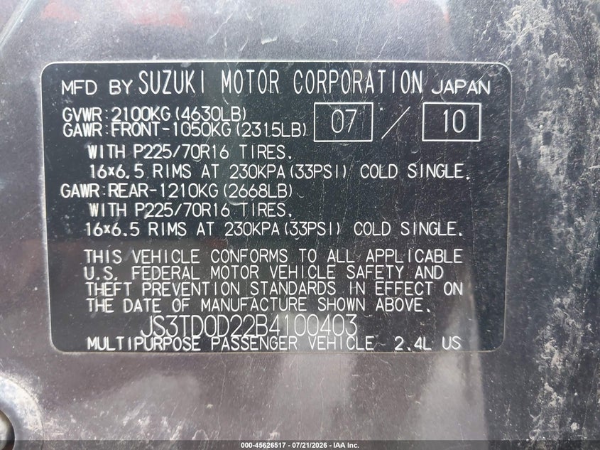 2011 Suzuki Grand vitara VIN JS3TD0D22B4100403 IAAI salvage auction — NORMAL WEAR, Clear (New York), sold $375 on 2026-07-30 (photo 9)