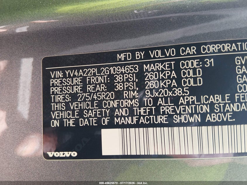 2016 Volvo Xc90 VIN YV4A22PL2G1094653 IAAI salvage auction — FRONT END, Salvage (Tennessee), sold $1,200 on 2026-07-28 (photo 9)