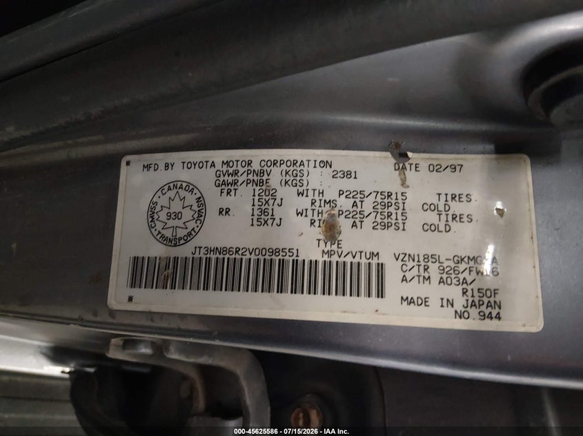 1997 Toyota 4runner VIN JT3HN86R2V0098551 IAAI salvage auction — NORMAL WEAR, Clear (Minnesota), sold $925 on 2026-07-21 (photo 9)