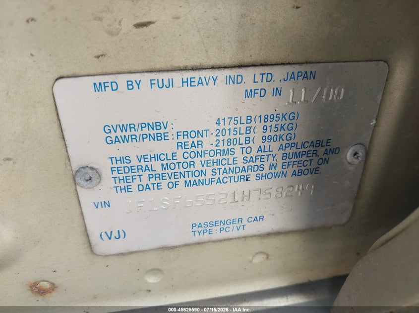2001 Subaru Forester VIN JF1SF65521H758249 IAAI salvage auction — NORMAL WEAR, Clear-Dealer Only (Indiana), sold $275 on 2026-07-23 (photo 9)