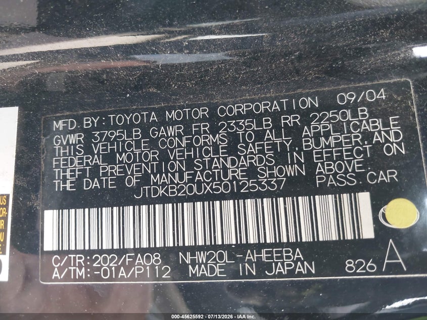 2005 Toyota Prius VIN JTDKB20UX50125337 IAAI salvage auction — UNKNOWN, Clear - Dealer Only (California), sold $450 on 2026-07-18 (photo 9)