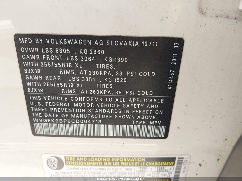 2012 Volkswagen Touareg VIN WVGFK9BP6CD004713 IAAI salvage auction — NORMAL WEAR, Clear (North Carolina), sold $200 on 2026-07-30 (photo 9)