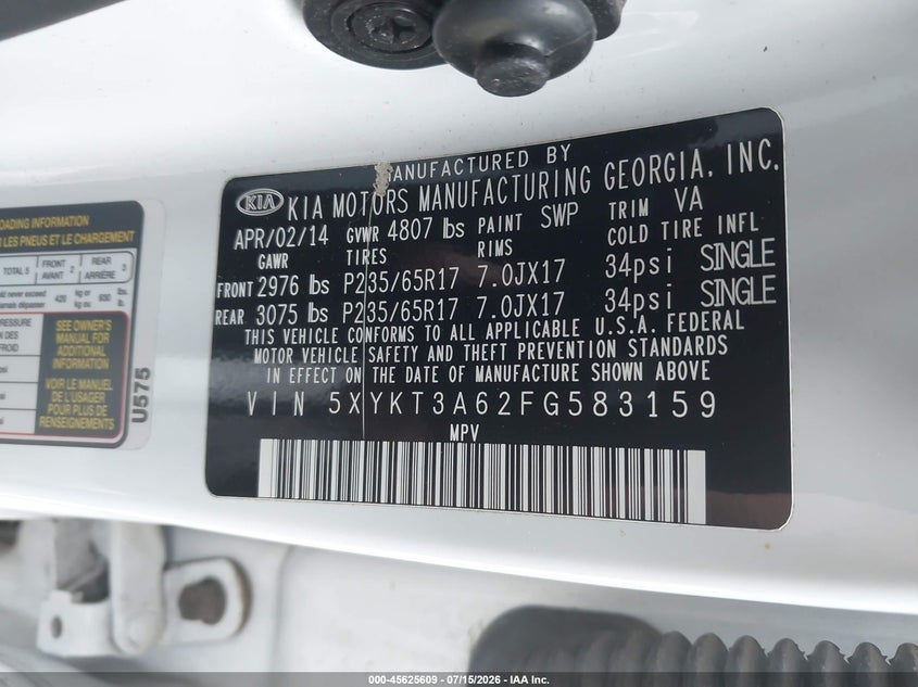 2015 Kia Sorento VIN 5XYKT3A62FG583159 IAAI salvage auction — NORMAL WEAR, Clear (Michigan), sold $775 on 2026-07-20 (photo 9)