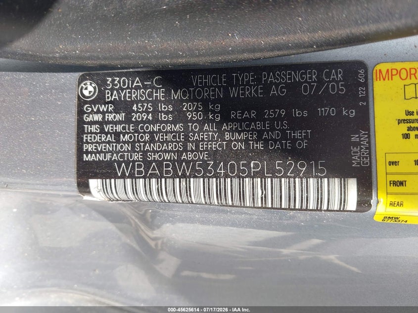 2005 BMW 3 series VIN WBABW53405PL52915 IAAI salvage auction — NORMAL WEAR, Repossession Paperwork (Georgia), sold $375 on 2026-08-18 (photo 9)