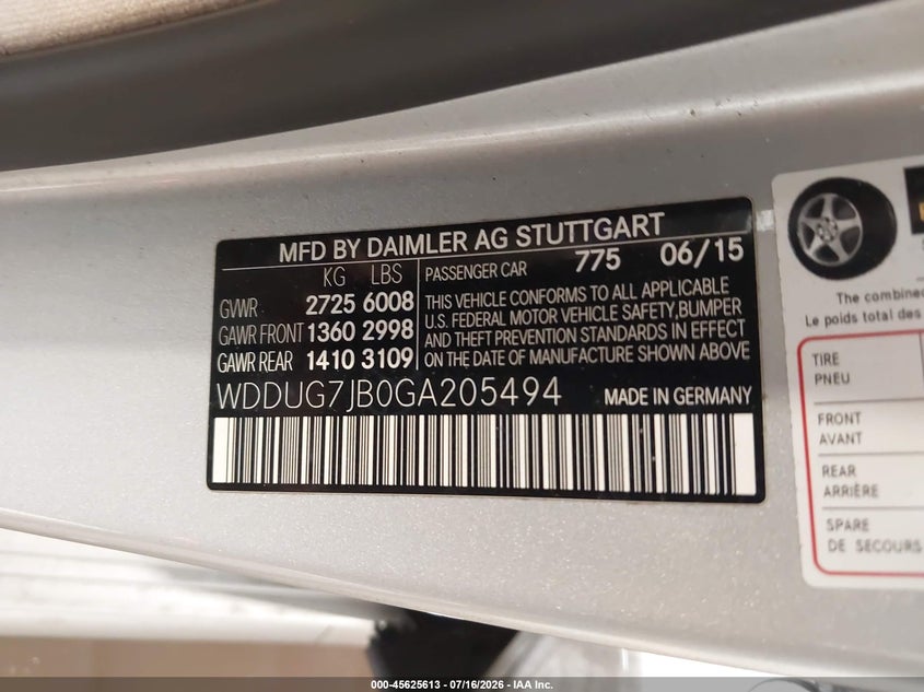 2016 Mercedes-benz VIN WDDUG7JB0GA205494 IAAI salvage auction — REAR END, Salvage (Illinois), sold $22,750 on 2026-08-12 (photo 9)