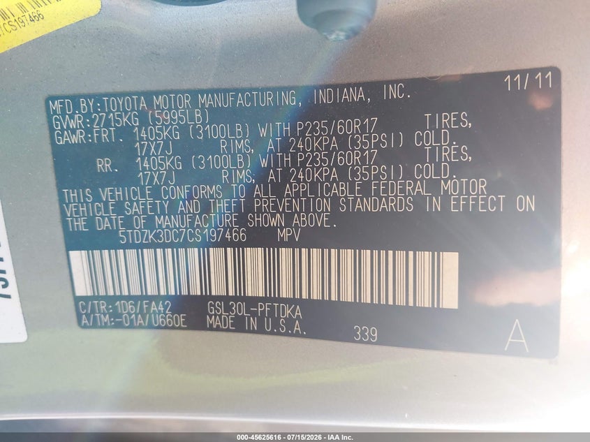 2012 Toyota Sienna VIN 5TDZK3DC7CS197466 IAAI salvage auction — NORMAL WEAR, Clear (New Jersey), sold $1,150 on 2026-07-23 (photo 9)