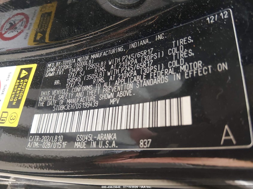 2013 Toyota Highlander VIN 5TDBK3EH7DS199439 IAAI salvage auction — WATER/FLOOD, Clear (Massachusetts), sold $3,150 on 2026-07-31 (photo 9)