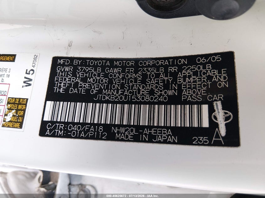 2005 Toyota Prius VIN JTDKB20U153080240 IAAI salvage auction — REAR END, Certificate Of Title (Montana), sold $400 on 2026-07-28 (photo 9)
