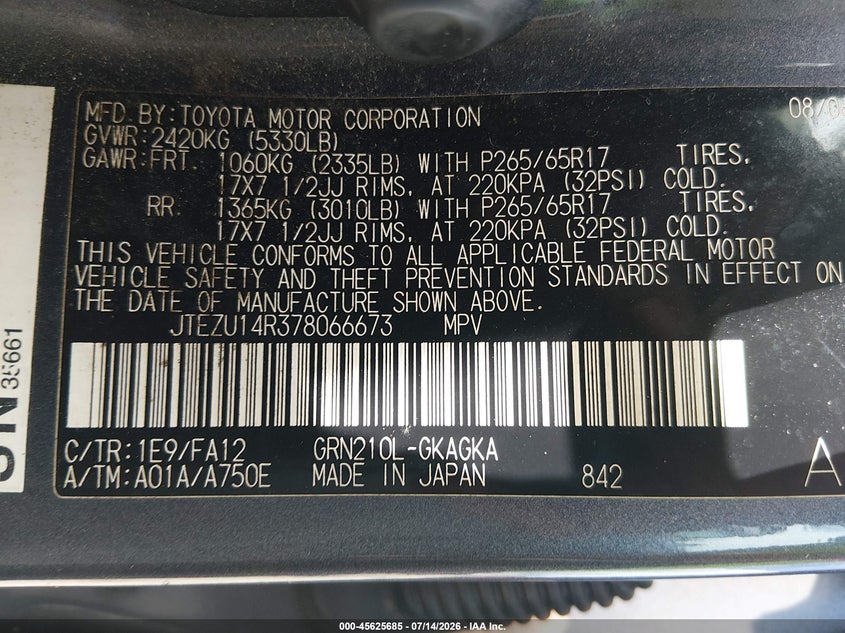 2007 Toyota 4runner VIN JTEZU14R378066673 IAAI salvage auction — NORMAL WEAR, Clear (Georgia), sold $2,400 on 2026-07-18 (photo 9)