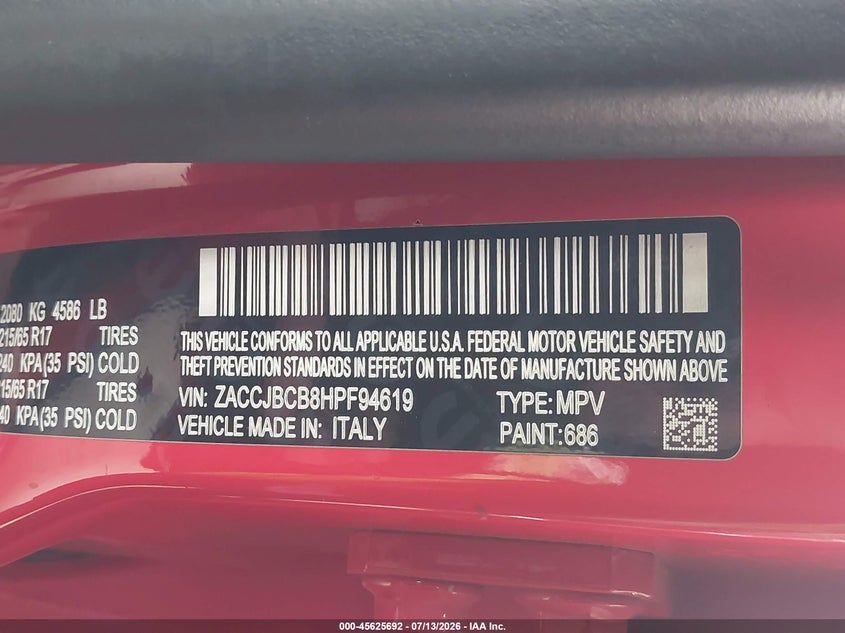 2017 Jeep Renegade VIN ZACCJBCB8HPF94619 IAAI salvage auction — REAR END, Salvage Title, sold $2,750 on 2026-07-26 (photo 9)