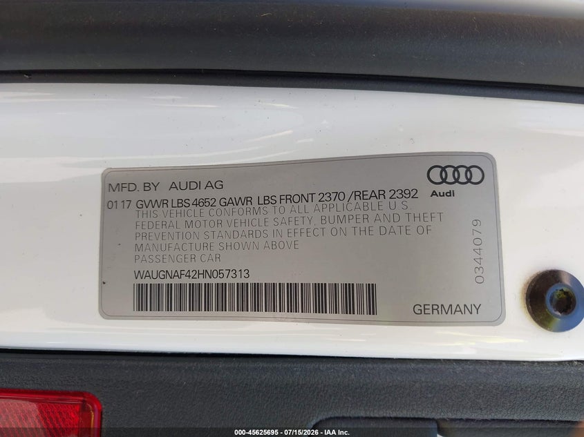 2017 Audi A4 VIN WAUGNAF42HN057313 IAAI salvage auction — REAR END, Bill Of Sale (Washington), sold $25 on 2026-07-29 (photo 9)