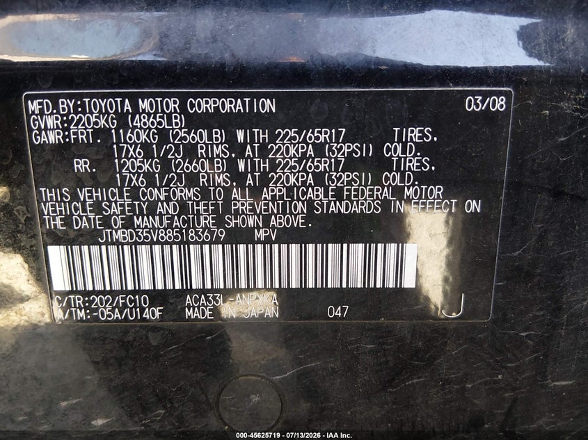 2008 Toyota Rav4 VIN JTMBD35V885183679 IAAI salvage auction — NORMAL WEAR, Peddle Clear Public-Restricted (Oregon), sold $675 on 2026-07-20 (photo 9)