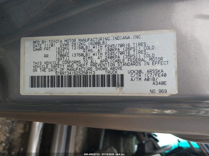 2002 Toyota Tundra VIN 5TBRT34162S250113 IAAI salvage auction — NORMAL WEAR, Clear (South Carolina), sold $1,450 on 2026-07-17 (photo 9)