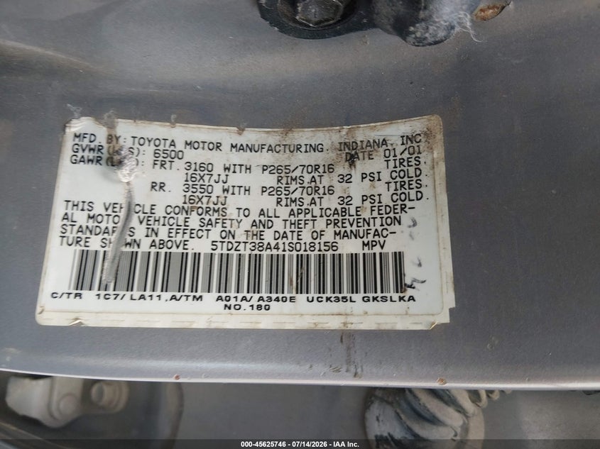 2001 Toyota Sequoia VIN 5TDZT38A41S018156 IAAI salvage auction — NORMAL WEAR, Clear, sold $850 on 2026-07-30 (photo 9)