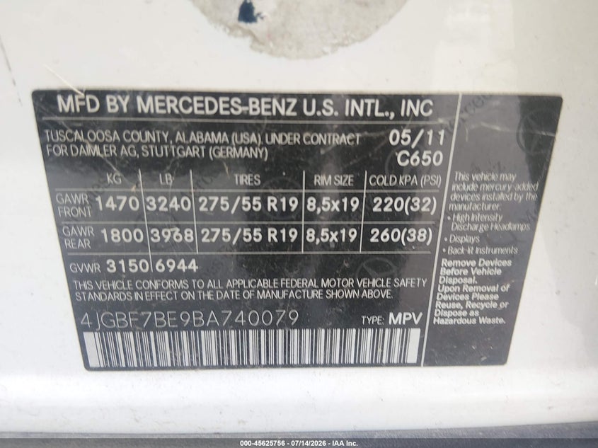 2011 Mercedes-benz Gl-class VIN 4JGBF7BE9BA740079 IAAI salvage auction — FRONT END, Salvage (Maryland), sold $1,000 on 2026-08-24 (photo 9)