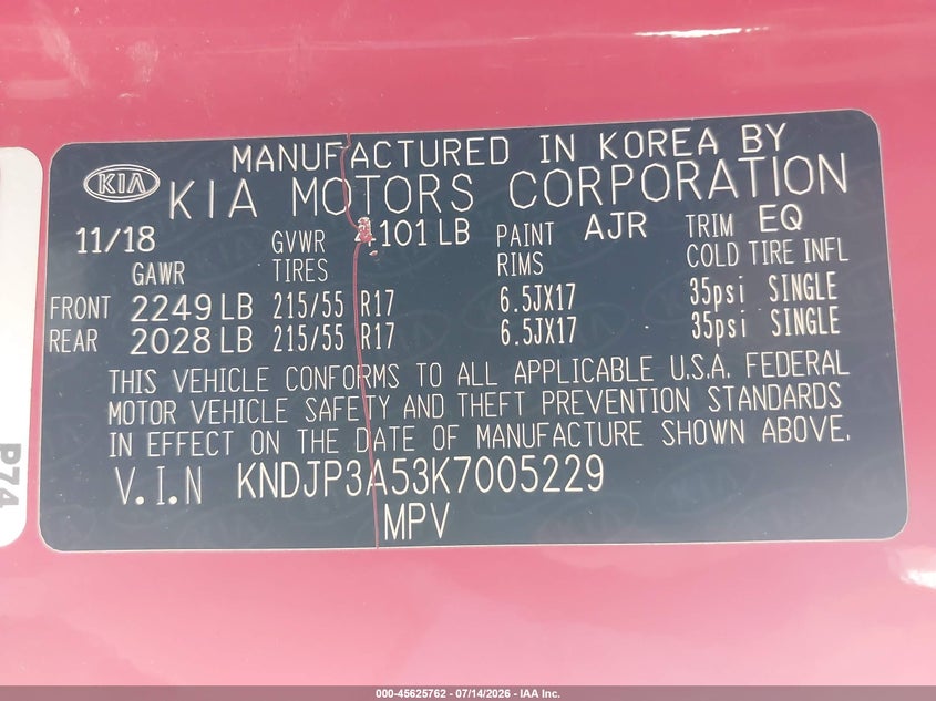 2019 Kia Soul VIN KNDJP3A53K7005229 IAAI salvage auction — LEFT FRONT, Clear (Arkansas), sold $1,875 on 2026-07-29 (photo 9)