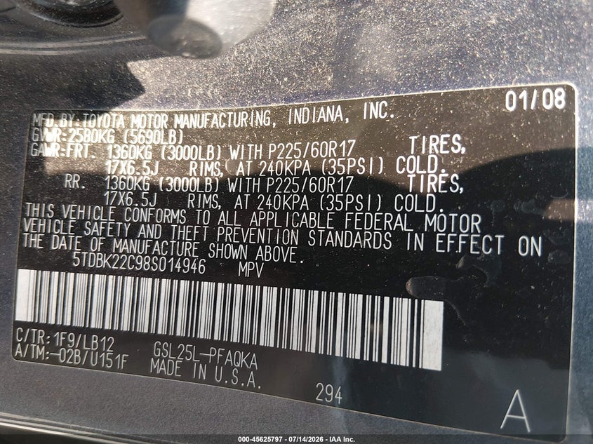 2008 Toyota Sienna VIN 5TDBK22C98S014946 IAAI salvage auction — NORMAL WEAR, Clear (New Jersey), sold $1,375 on 2026-07-16 (photo 9)