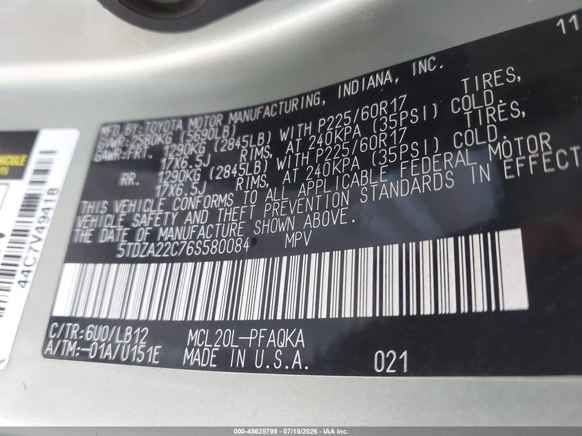 2006 Toyota Sienna VIN 5TDZA22C76S580084 IAAI salvage auction — NORMAL WEAR, Clear (Colorado), sold $2,400 on 2026-07-20 (photo 9)