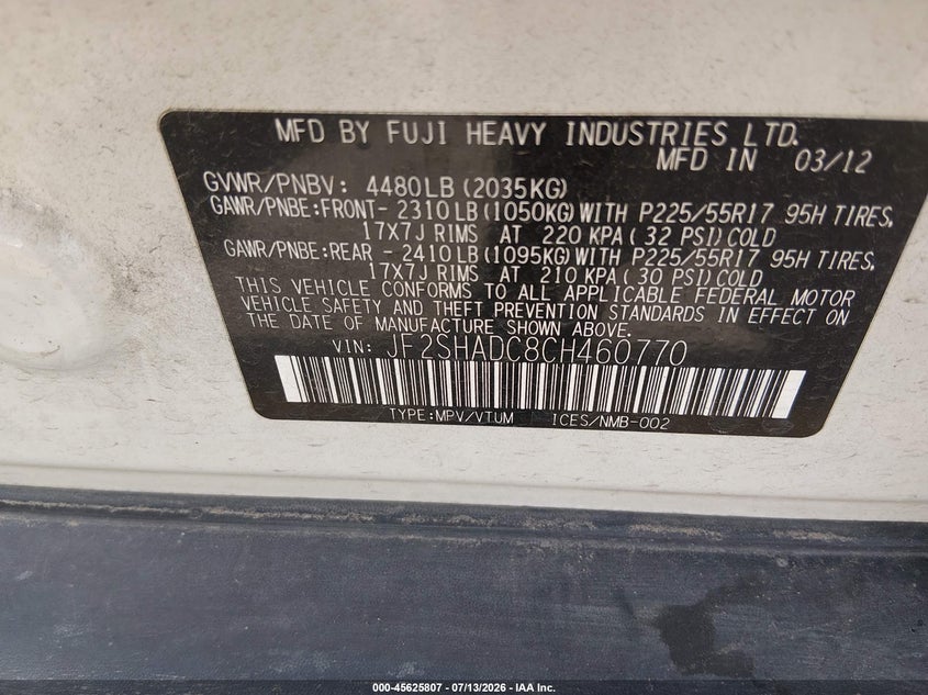 2012 Subaru Forester VIN JF2SHADC8CH460770 IAAI salvage auction — NORMAL WEAR, Salvage Title, sold $1,700 on 2026-07-17 (photo 9)
