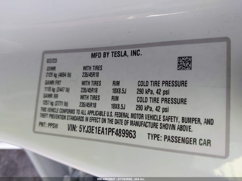 2023 Tesla Model 3 VIN 5YJ3E1EA1PF489963 IAAI salvage auction — FRONT END, Wait Title, sold $4,250 on 2026-09-18 (photo 9)