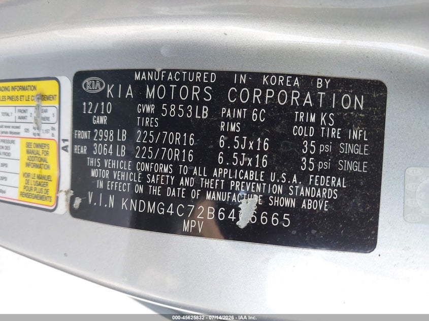 2011 Kia SEDONA VIN KNDMG4C72B6406665 IAAI salvage auction — LEFT REAR, Mv-907A (New York), sold $625 on 2026-07-28 (photo 9)