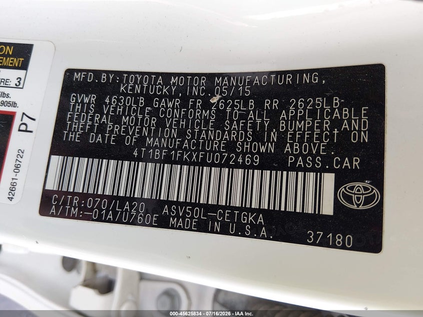 2015 Toyota Camry VIN 4T1BF1FKXFU072469 IAAI salvage auction — FRONT END, Salvage Title, sold $2,200 on 2026-08-05 (photo 9)