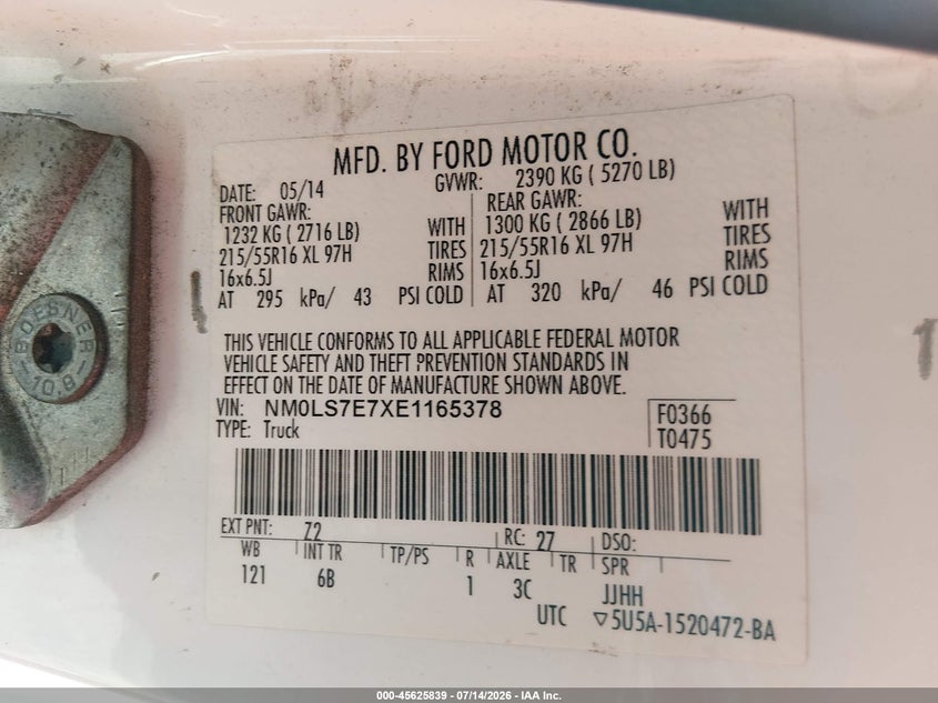 2014 Ford Transit connect VIN NM0LS7E7XE1165378 IAAI salvage auction — NORMAL WEAR, Clear (New Jersey), sold $500 on 2026-07-30 (photo 9)